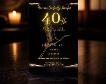 Editable | 40th Birthday Invitation | Elegant Gold Crane Black Lacquer Milestone Dinner Invite | Japanese Modern Party Template