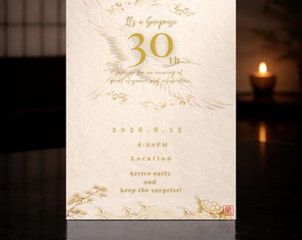 Premium Japanese Dinner Party Invite, 30th Birthday Surprise, Elegant Washi Paper Crane & Turtle, Zen Luxury, Editable Canva
