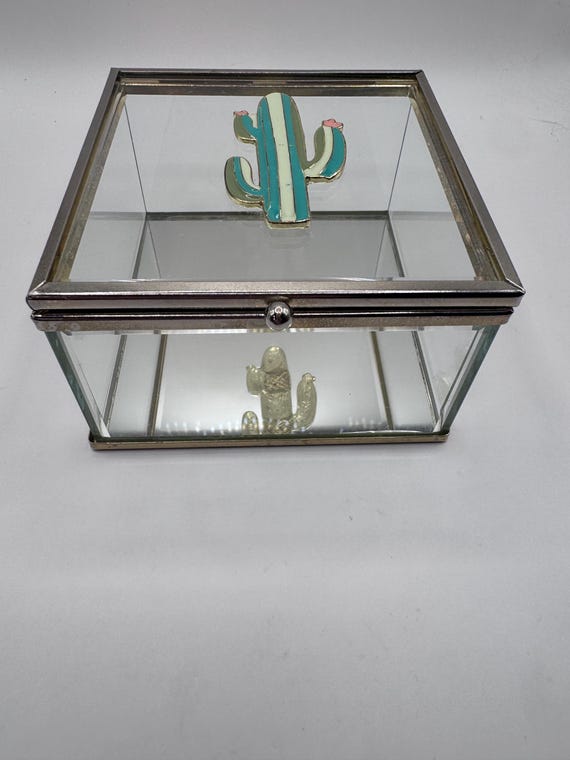 Vintage Cactus Glass Trinket Box – Mirrored Jewelry Keepsake Case, Desert Vanity Decor