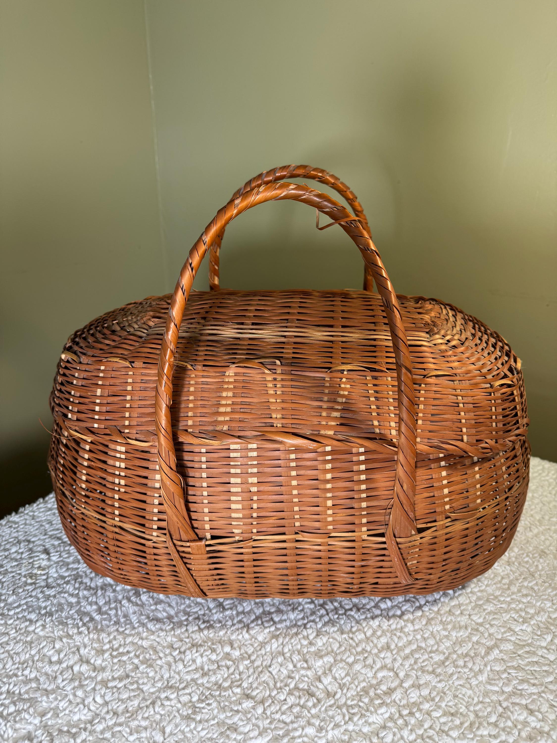 Large Vintage Oval Woven Wood Splint Market Basket With Lid & Double ...