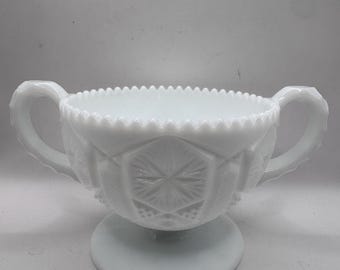 Vintage McKee Toltec Milk Glass Sugar Bowl - Two-Handled Footed Candy Dish with Star and Cane Pattern - Discontinued Mid-Century Glass