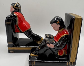 Vintage Enesco Imports Japan Keramik Buchstützen mit asiatischen Gelehrten Figuren