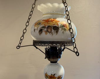 Vintage Milk Glass Floral Hurricane Swag Lamp | Yellow Rose "Gone With the Wind" Style Chandelier