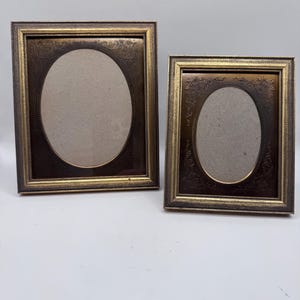 May include: Two rectangular picture frames with gold-toned edges and dark bronze-colored inner borders. Each frame features an oval-shaped center opening surrounded by an embossed floral pattern. The frames are positioned side by side.