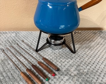 Vintage Retro 1970's Blue Metal Enamel Fondue Pot w/Stand and 5 colorful forks