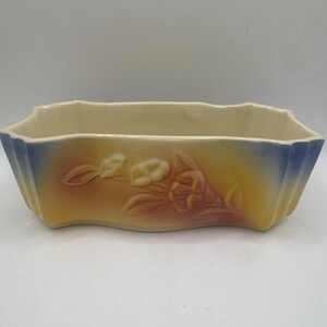 Peut inclure: Une jardinière rectangulaire en céramique avec un bord ondulé et un intérieur crème. L'extérieur présente un dégradé de jaune et de bleu avec un motif floral central en relief composé de fleurs et de feuilles dans un ton brun doux.