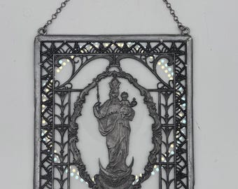 Vintage German Pewter Madonna Child Plaque • Ornate Bas Relief Catholic Hanging Art
