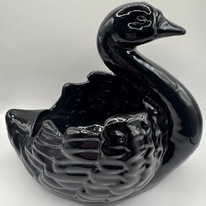 May include: A glossy black ceramic swan planter. The swan has a long, curved neck and a detailed wing design. The planter has a wide opening for plants or decorative items. The surface is smooth and reflective.