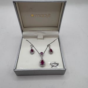 Macy's Sterling Silver Jewelry Set - Lead Glass Filled Ruby Teardrop Necklace and Matching Drop Earrings
