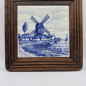 Vintage Delft Style Tile Art – Rustic Wood Framed Windmill Trivet, Wall Hanging