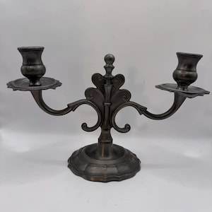 Vintage Swiss Pewter 2-Arm Candelabra – Ornate Baroque Rococo Scrollwork