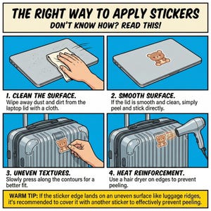 May include: An instructional graphic titled THE RIGHT WAY TO APPLY STICKERS with four panels showing steps: cleaning a laptop lid, applying a bear sticker, pressing a sticker onto a ridged suitcase, and using a hair dryer for heat reinforcement.