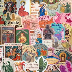 May include: A collection of vibrant stickers featuring diverse illustrations and text. Designs include medieval characters, animals, and phrases such as "Praying on chy downfall" and "Chicken nnggets." The stickers have a vintage, whimsical style.