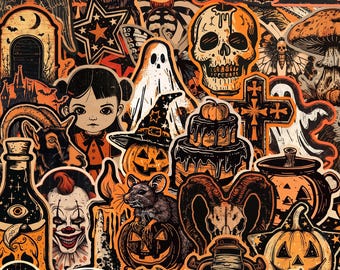 50pcs Vintage Halloween Stickers, Spooky Season Retro Woodcut Decals, Waterproof Vinyl Pack For Kindle Laptop, Goth Girl Gift