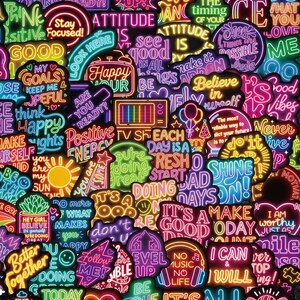 Könnte beinhalten: Eine Sammlung von Aufklebern im Neon-Stil mit verschiedenen motivierenden Sprüchen und Symbolen in leuchtenden Farben wie Pink, Blau, Grün und Gelb auf schwarzem Hintergrund. Der Text umfasst Good Things Are Coming, Stay Focused und Believe in Yourself.