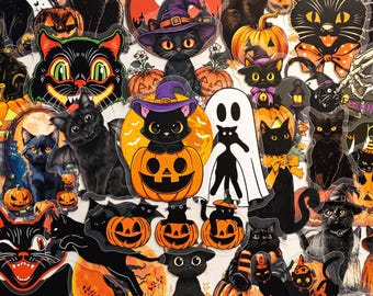 50pcs Spooky Cat Stickers, Spooky Season Pumpkin Witch Cat Decals, Waterproof Vinyl Pack For Kindle Laptop, Crazy Cat Lady Gift