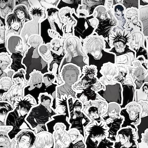 May include: A collection of black and white stickers featuring various anime characters from Jujutsu Kaisen. The assortment includes multiple individual illustrations of characters in different poses, expressions, and action scenes with white borders.