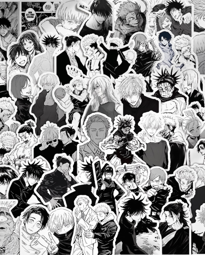 May include: A collection of black and white stickers featuring various anime characters from Jujutsu Kaisen. The assortment includes multiple individual illustrations of characters in different poses, expressions, and action scenes with white borders.
