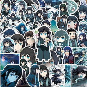 May include: A selection of anime-style stickers showcasing a character with black hair and blue eyes. The stickers portray the character in diverse poses and attire, using a colour scheme of black, blue, and white. The stickers are die-cut and ready to peel and stick.