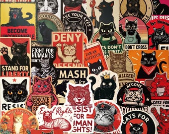 50pcs Anti Capitalist Cat Stickers, Vintage Propaganda Eat The Rich Decals, Waterproof Vinyl For Laptop Kindle, Activist Rebel Gift