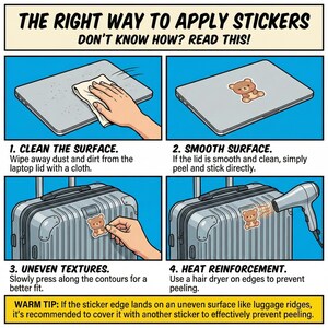 May include: Illustrated guide on how to apply stickers. The steps include cleaning the surface, applying to a smooth surface, pressing on uneven textures, and using heat to reinforce edges. A teddy bear sticker is shown.
