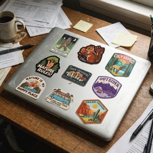 May include: A collection of colorful nature-themed stickers on a laptop. Designs include a Bigfoot, a squirrel, a camper van, and the text "Nature Rules!" and "Grand Canyon." The stickers are on a wooden desk with a coffee mug and papers.