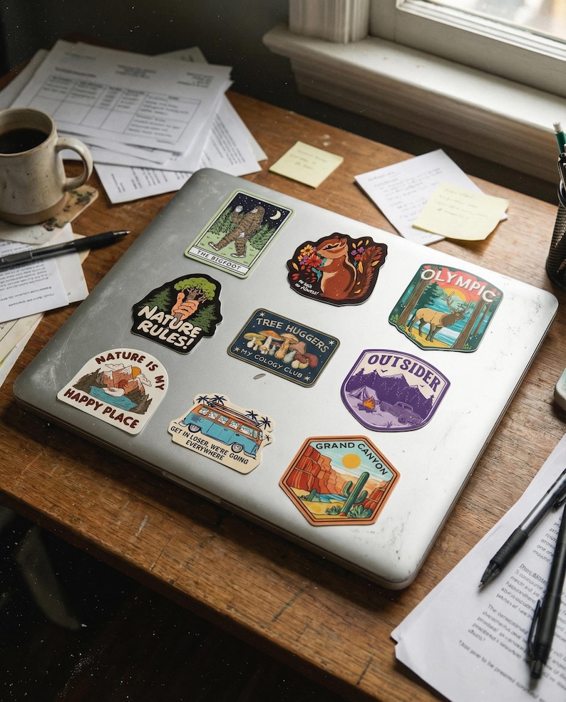 May include: A collection of colorful nature-themed stickers on a laptop. Designs include a Bigfoot, a squirrel, a camper van, and the text "Nature Rules!" and "Grand Canyon." The stickers are on a wooden desk with a coffee mug and papers.