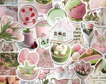 50pcs Soft Girl Coquette Stickers, Matcha Strawberry Bow Decals, Waterproof Vinyl For Planner Journal Kindle, Soft Girl Gift