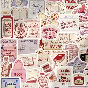 May include: A collection of stickers with a book theme. The stickers feature phrases like "Book Club," "Reading is my escape," and "Books are our best friends." Designs include books, library cards, and a book-shaped tote bag. The color palette is primarily cream, pink, and red.