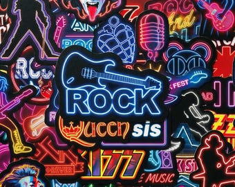 50pcs Neon Rock Music Sticker Pack for Kindle, Y2K Aesthetic Laptop Decals, Gothic Bullet Journal Stickers