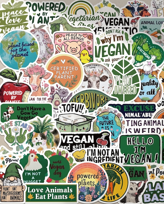 50pcs Vegan Activism Stickers, Friends Not Food Plant Powered Decals, Waterproof Vinyl For Kindle Water Bottle, Eco Activist Gift
