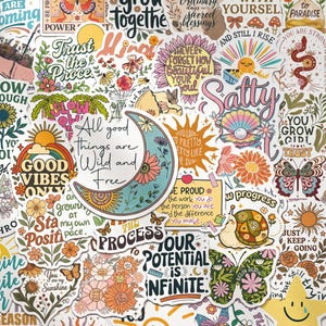 Puede incluir: Una colección de pegatinas de vinilo variadas con ilustraciones coloridas de flores, mariposas, soles, lunas y frases inspiradoras como All good things are wild and free, Let's grow together y Be gently with yourself.