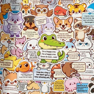 50 Stück gesunde Tieraufkleber, niedliches Haustier, das Zeichen-Zitat-Abziehbilder hält, wasserdichtes Vinyl für Journal-Laptop, Geschenk für psychische Gesundheit
