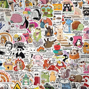 May include: A collection of vibrant stickers featuring diverse designs and text, alluding to anxiety, mental well-being, and humorous illustrations. Includes images of animals, food, and quirky phrases. A variety of sizes and shapes.