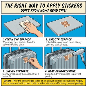 May include: Illustrated guide on how to apply stickers. The steps include cleaning the surface, applying to a smooth surface, pressing on uneven textures, and using heat to reinforce edges. A brown teddy bear sticker is shown.