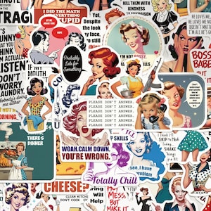 50 st. retro sarkastiska kvinnor-klistermärken, 1950-tals popkonst-hemmafru-dekaler, vattentät vinyl för laptop-tumbler, sassy Friend Gag-present