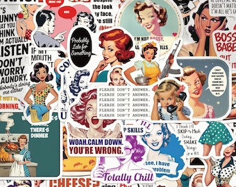 50pcs Retro Sarcastic Women Stickers, 1950s Pop Art Housewife Decals, Waterproof Vinyl For Laptop Tumbler, Sassy Friend Gag Gift