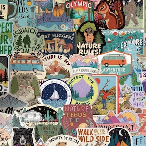 May include: A collection of colorful stickers with outdoor and nature themes. Designs include a camper van, mountains, a bear, a squirrel, a sailboat, and text like "Adventure Awaits" and "Nature Rules!" for decorating water bottles, laptops, or journals.