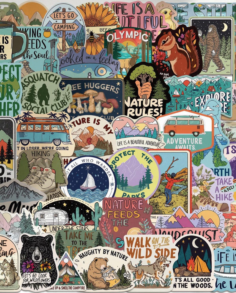 May include: A collection of colorful stickers with outdoor and nature themes. Designs include a camper van, mountains, a bear, a squirrel, a sailboat, and text like "Adventure Awaits" and "Nature Rules!" for decorating water bottles, laptops, or journals.