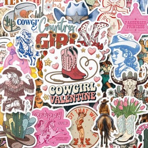 May include: A collection of assorted vinyl stickers featuring Western-themed illustrations including cowboy boots, hats, horses, cacti, sunflowers, and text such as Cowgirl Valentine, Country Girl, and Passenger Princess in various colors.