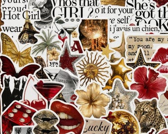 50 pegatinas con frases en rojo y dorado, calcomanías estéticas de tipografía retro, paquete de vinilo impermeable para portátil y agenda, regalo con vibras positivas