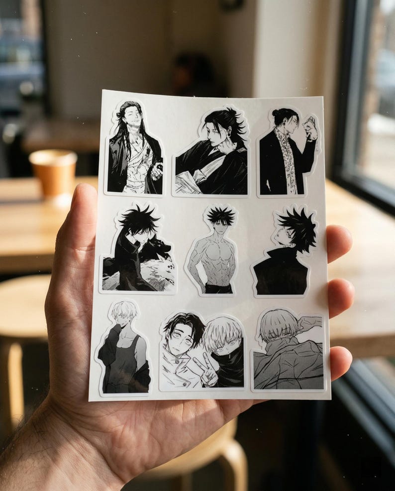 May include: A white sticker sheet featuring nine distinct black and white anime-style illustrations of various characters. The designs include portraits and figures in different poses, showcasing detailed line work and shading typical of manga art styles.