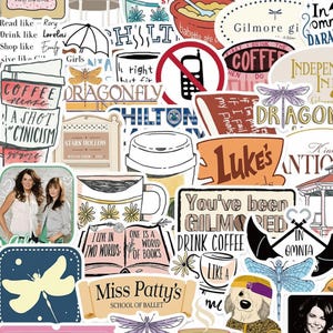 Op de afbeelding: Een verzameling diverse vinylstickers met verschillende illustraties, waaronder koffiekopjes, libellen, een hond en tekstverwijzingen zoals Luke's, Miss Patty's School of Ballet, In Omnia Paratus en citaten in het thema van Gilmore Girls.