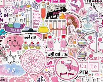50pcs Women In STEM Stickers, Steminist Pink Chemistry Decals, Waterproof Vinyl For Kindle Laptop Planner, Future Scientist Gift