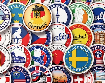 50pcs World Travel Stickers, Catch Flights Country Flag Decals, Waterproof Vinyl Pack For Luggage Laptop, Digital Nomad Gift