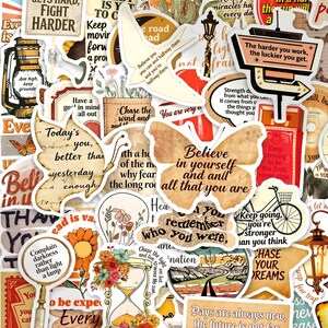 Könnte beinhalten: Eine Sammlung dekorativer Aufkleber mit inspirierenden Zitaten und Illustrationen im Vintage-Stil. Die Aufkleber zeigen Sätze wie "Glaube an dich selbst" und "Verfolge deine Träume" sowie Bilder von Schmetterlingen, Blumen und einem Fahrrad. Die Farbpalette umfasst warme Töne von Beige, Orange und Rot.