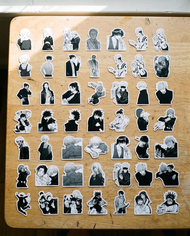 May include: A collection of forty-eight individual black and white vinyl stickers featuring various anime character illustrations from Jujutsu Kaisen, displayed in a grid pattern. Each sticker depicts a different character pose, expression, or scene.