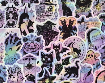50pcs Holographic Witchy Stickers, Spooky Season Tired Of People Decals, Waterproof Vinyl Pack For Kindle Laptop, Goth Girl Gift