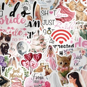 May include: A collection of wedding-themed stickers featuring illustrations of brides, grooms, cats, champagne glasses, wedding cakes, rings, and heart-shaped balloons. Text includes phrases like Bride to Be, Just Married, and From Miss To Mrs.
