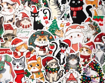 50pcs Christmas Cat Stickers, Meowy Christmas Tangled Lights Decals, Waterproof Vinyl Pack For Kindle Laptop, Crazy Cat Lady Gift